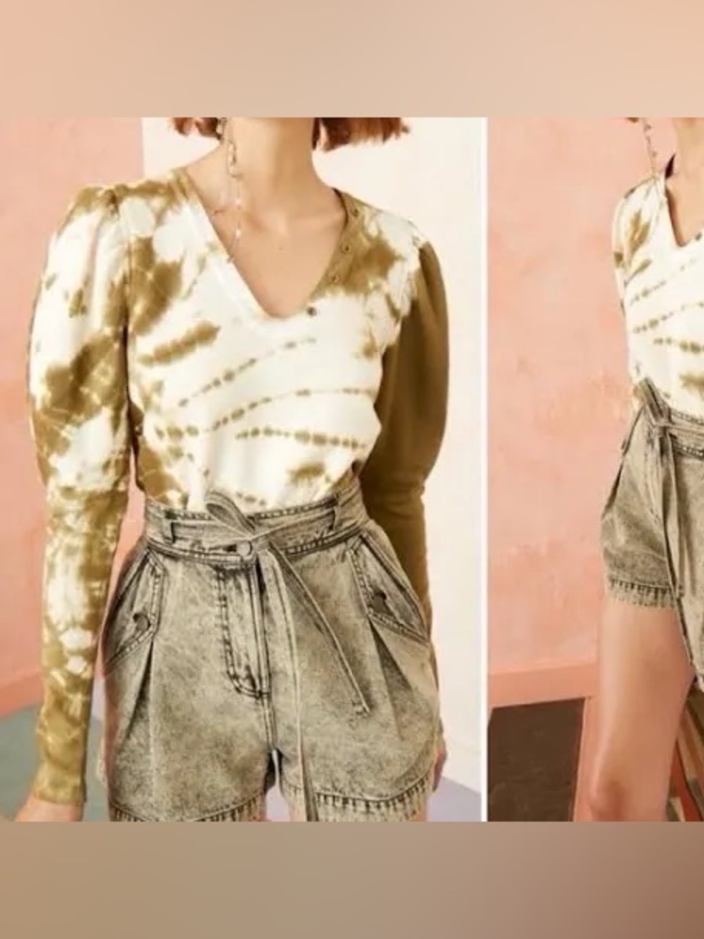 Ulla Johnson Jude SweatShirt Olive & White Tie-Dye Neckline Volume Puff Sleeve
